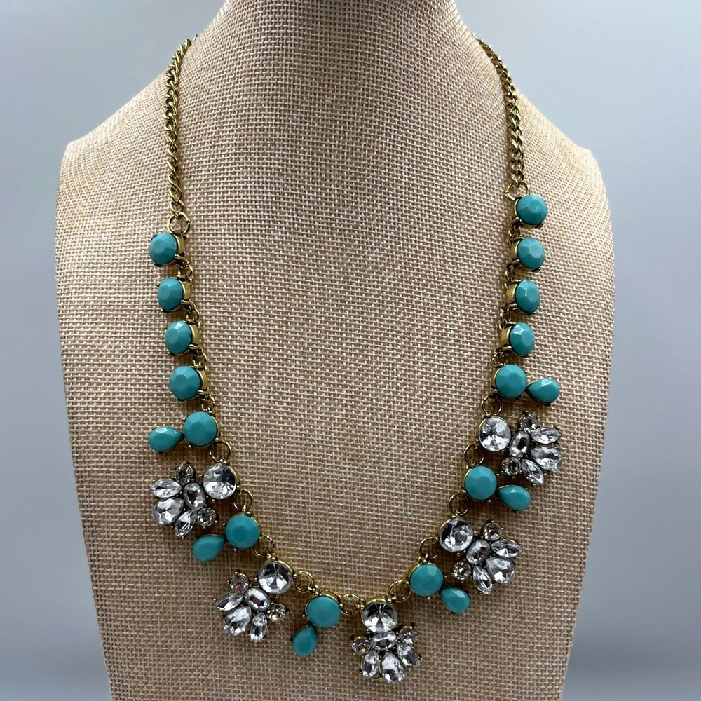 Vintage Gold Tone‎ Teal Blue Cabochon & Rhinestone Statement Bib Necklace Floral